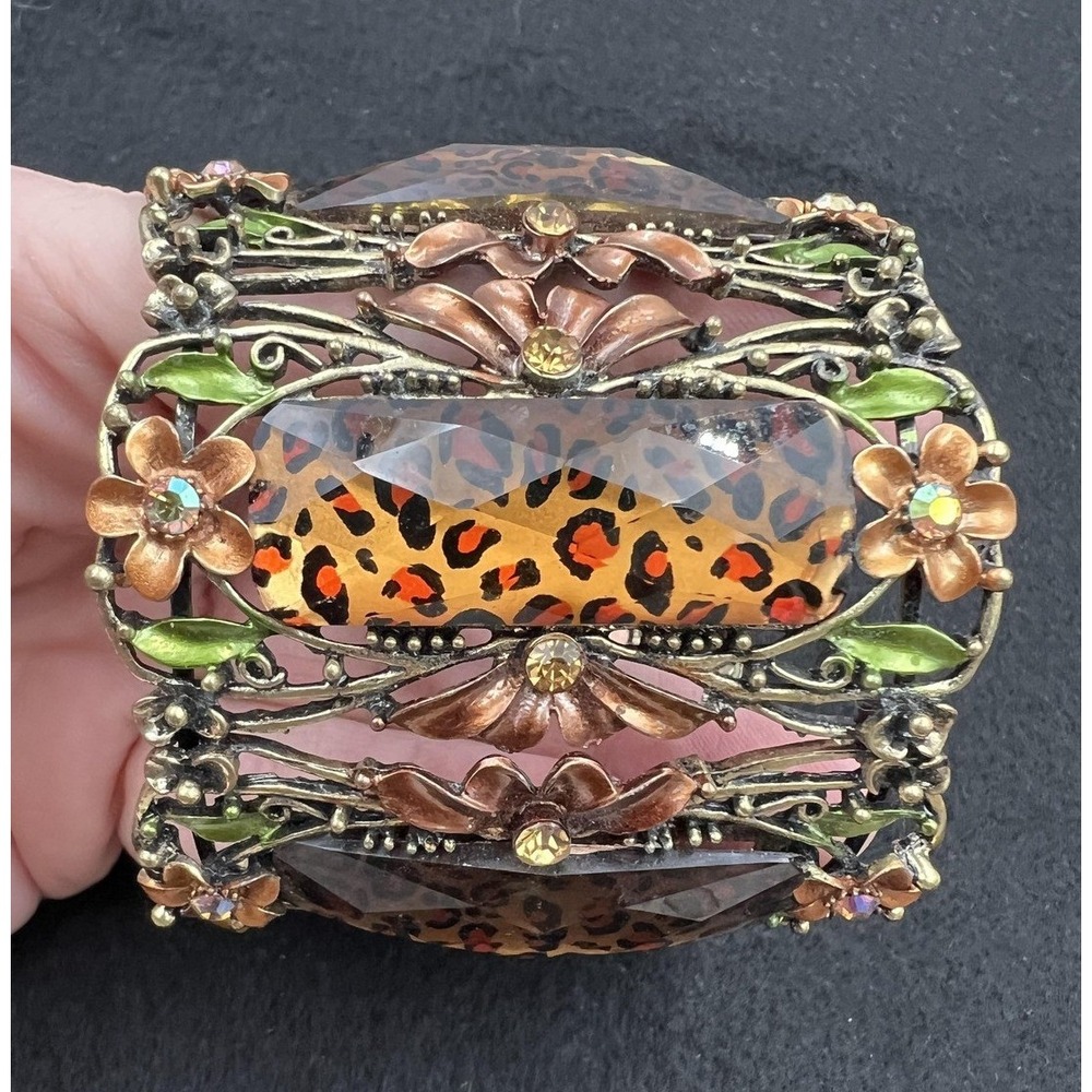 Vintage Cuff Bracelet Leopard Print Filigree Stretch Floral Rhinestone